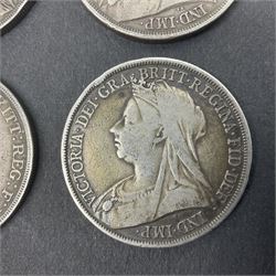 Four Queen Victoria crown coins dated 1887, 1889 and two 1893