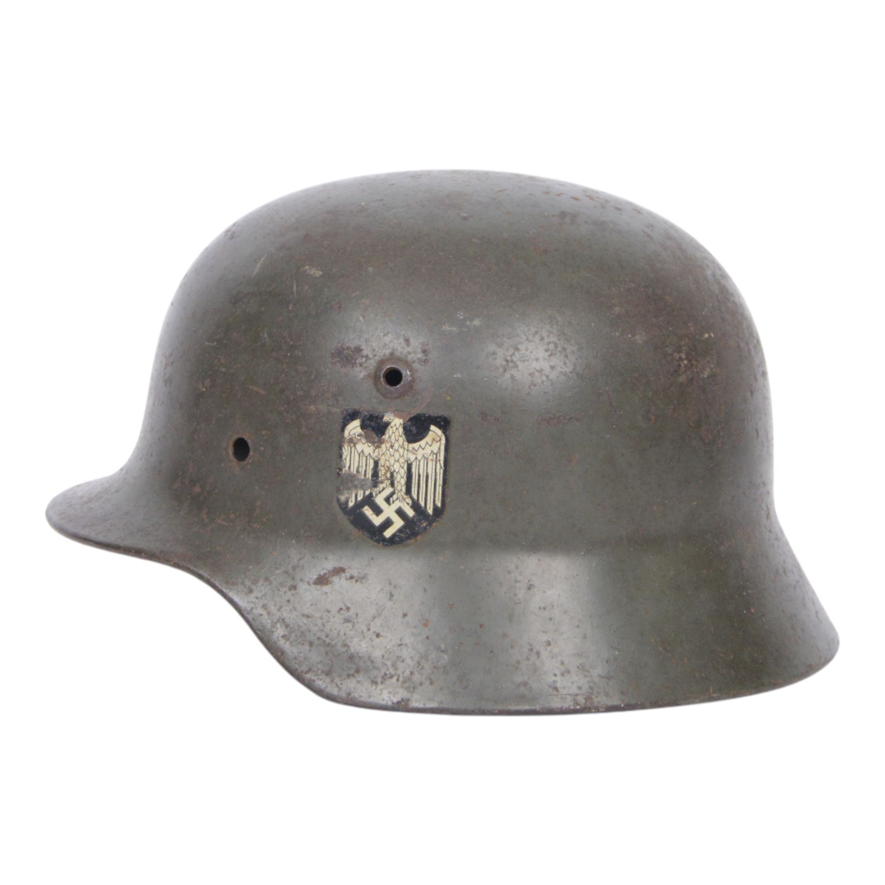 WWII German double decal steel helmet, M35, with both army and tri-colour decals, impress mark, stampings to helmet shell 4172 and ET62