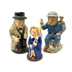 Three character jugs, comprising a limited edition Kevin Francis example modelled as Winston Churchill, modelled by Andy Moss, 138/750, a Royal Doulton example modelled as Winston Churchill, and a Roy Kirkham Pottery example modelled as Margaret Thatcher. 