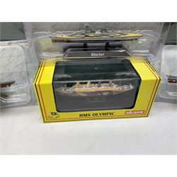 DeAgostini Atlas Editions - HMS Anson, HMS Exeter, HMS Renown, HMS Nelson, HMS Warspite, HMS Hood, Bismark, and USS Saratoga, all boxed; DeAgostini - Gneisenau, Blucher, and Prinz Eugen, packaged; together with ten further DeAgostini battleships, unboxed, and a Gilbow RMS Olympic model, boxed (qty)