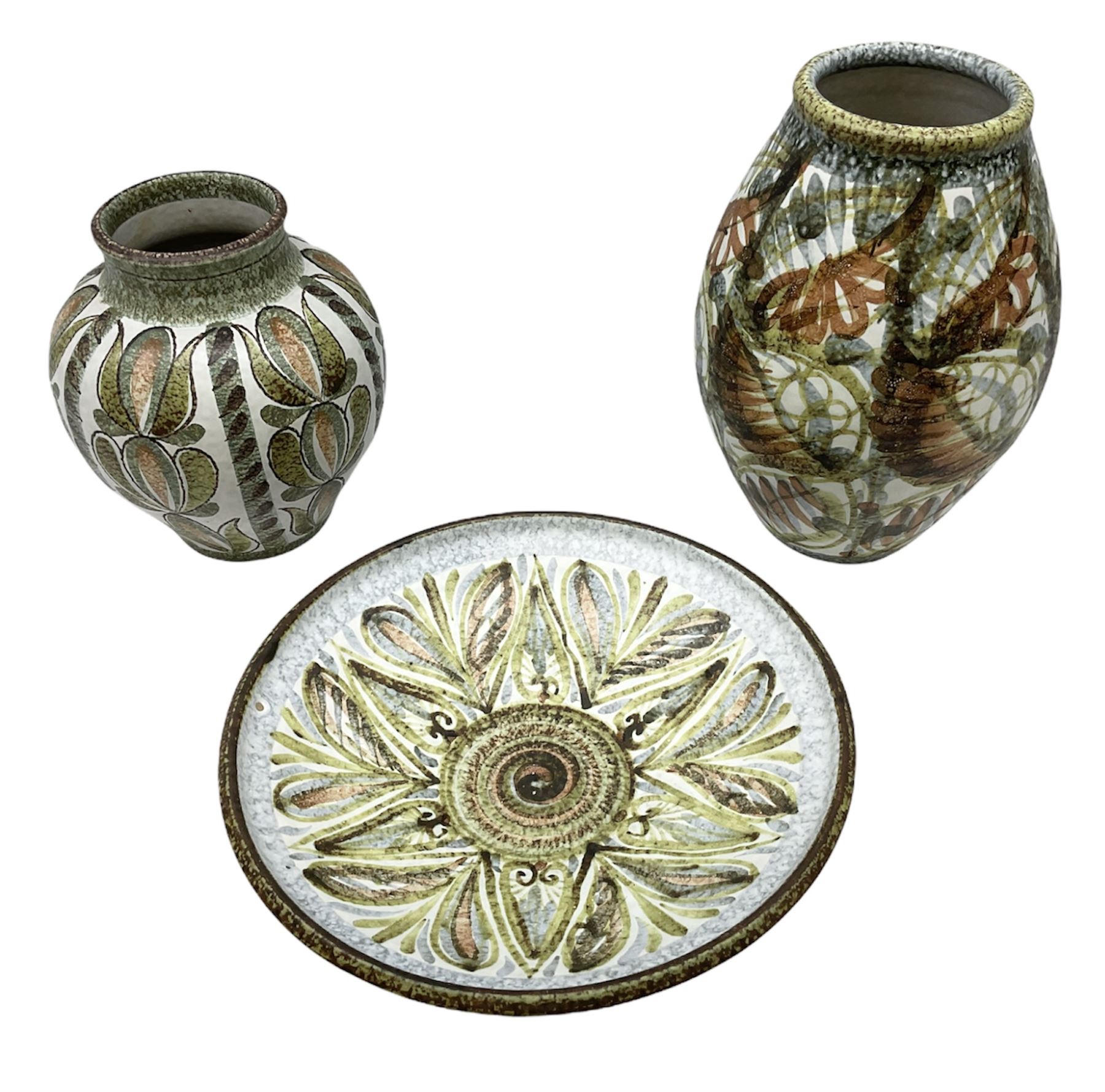 Three pieces of Denby stoneware, comprising Glyn Colledge vase,  H30cm, Glyn Colledge dish, D32cm, and further similar vase 