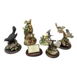 Three Country Artist figure groups, comprising 'Woodland Visitors', 'Bluetit on Tap' and 'Blackbird', together with two other animal figure groups