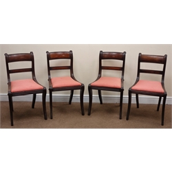  Set four Regency mahogany dining chairs, curved cresting rail, upholstered drop in seat, shaped supports, W49cm  