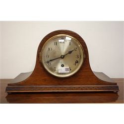  20th century arched oak cased mantle clock with silvered Arabic dial, triple train movement stamped 4304 Westminster striking the quarter hours on rods, with key and pendulum, H25cm and a polished chrome and mahogany arched top presentation timepiece dated 1940 (2)  