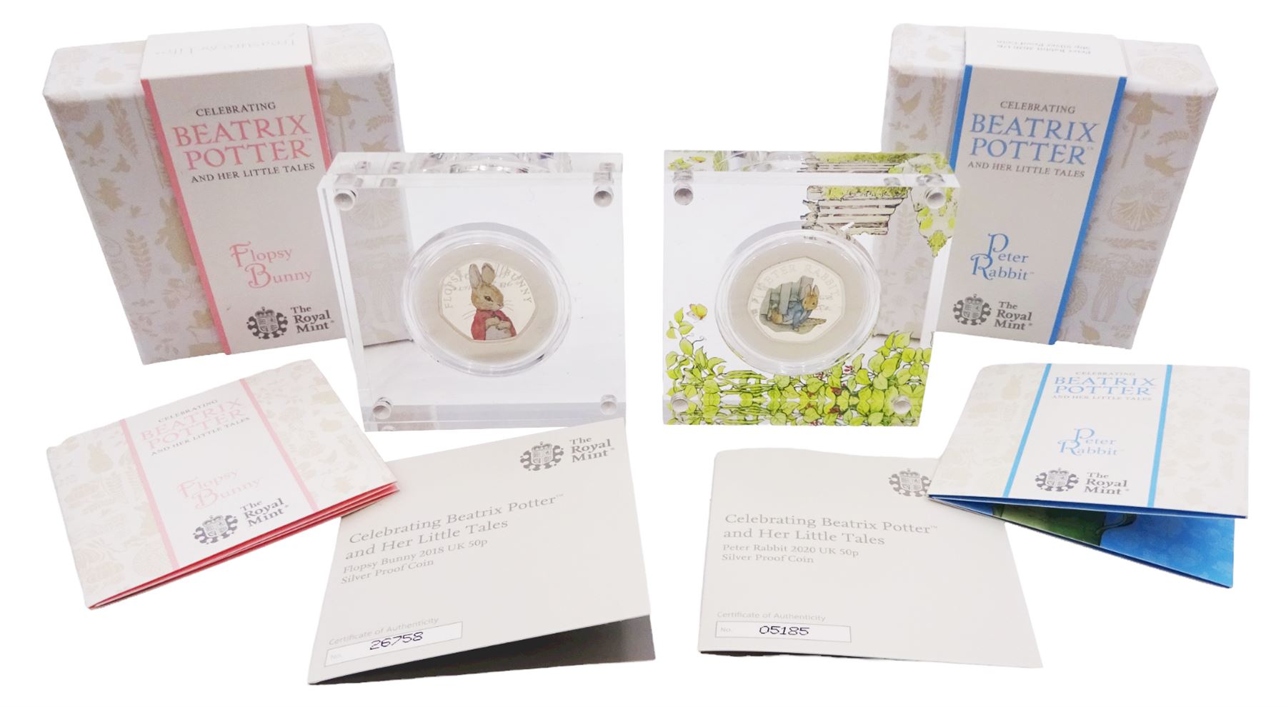 Two The Royal Mint United Kingdom Beatrix Potter silver proof fifty pence coins, 'Flopsy Bunny' and 'Peter Rabbit', both cased with certificates