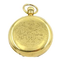 Victorian 18ct gold half hunter, keyless lever pocket watch by Thomas Kirk, 7 Whitefriargate Hull, No. 19325, white enamel dial with Roman numerals and subsidiary seconds dial, back case with crest and engraved initials WH, case makers mark HWB, London 1874