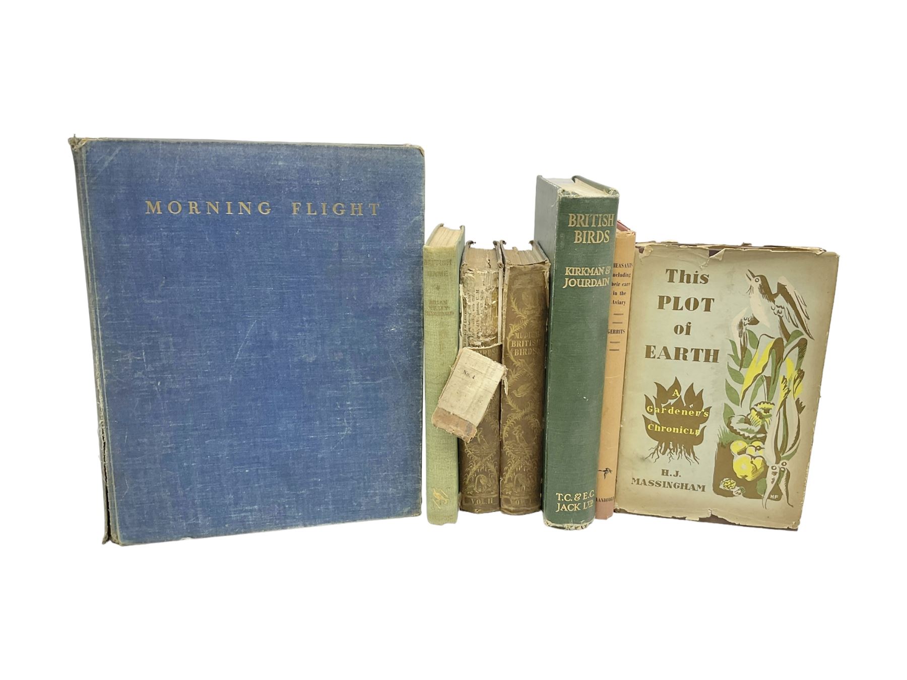 Books - Natural History - Robert Mudie, Mudies British Birds, The Feathered Tribes of the British Isles, two volumes, second edition, Whittaker & Co., Ave Maria Lane, London, 1735, chromolithographic plates, Peter Scott, Morning Flight, A Book of Wildfowl, Hazell, Watson & Viney Ltd, London and Aylesbury, 1947, F B Kirkman & F C R Jourdain, British Birds, London T C & E C jack Limited, Edinburgh, 1932, plus other examples on ornithology, (7)


