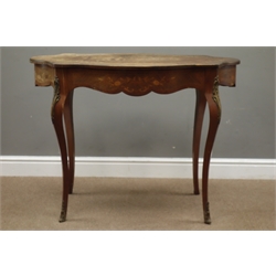  19th/20th century Kingwood side table, shaped top inlaid with scrolls and foliage, single frieze drawer, cabriole supports, gilt metal mounts, W101cm, H75cm, D60cm  