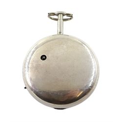 George III silver pair cased verge fusee doctors pocket watch by Charles Vincent, London, No. 393, round pillars, engraved balance cock decorated with a mask, stop/work lever, two intersecting dials with Arabic numerals, case makers mark I C, London 1802