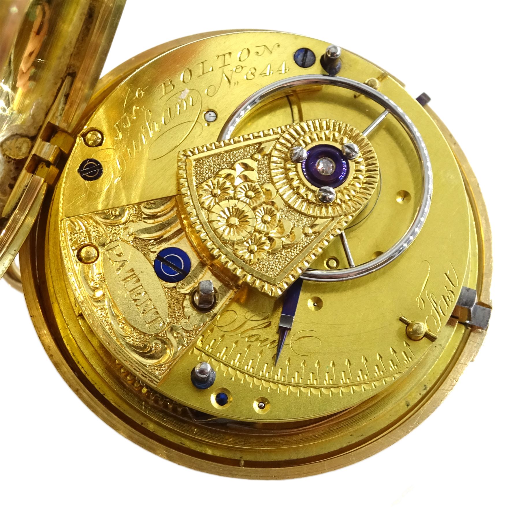George III 18ct gold pair cased English lever fusee pocket watch by John Bolton, Durham, No. 844, round baluster pillars, engraved balance cock with flower decoration and diamond endstone, stop/work lever, cream enamel dial with Roman numerals and subsidiary seconds dial, case makers mark V&R, Chester 1819