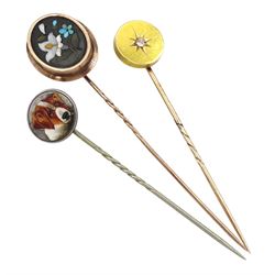 Victorian gold diamond stick pin, gold Pietra Dura stick pin depicting flowers and one other silver hound dog stick pin