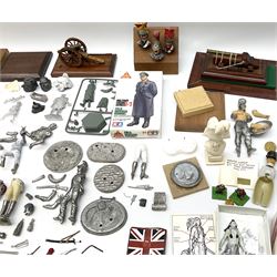 Quantity of cast metal figures and busts by Ceremonial Studios, Amati Miniatures etc including historical soldiers, American Native Indians etc predominantly in unmade/part constructed and unpainted kit form; together with associated accessories, wooden plinths etc; and boxed plastic soldiers