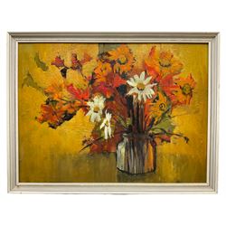 Margaret Parker (Northern British 1925-2012): Still Life of Flowers in a Vase, oil on board signed versp 44cm x 59cm