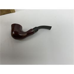 Pipes and two tiered wooden rack together with eleven pipers, including briar pipe carved as a wolf, Sea Dog straight pipe, John Brumfit pipe, meerschaum pipe ect, pipe rack H29.5cm