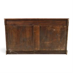 Victorian mahogany kneehole desk, rectangular top fitted with central frieze drawer over recessed cupboard, flanked by four graduating drawers to each side, on skirted base