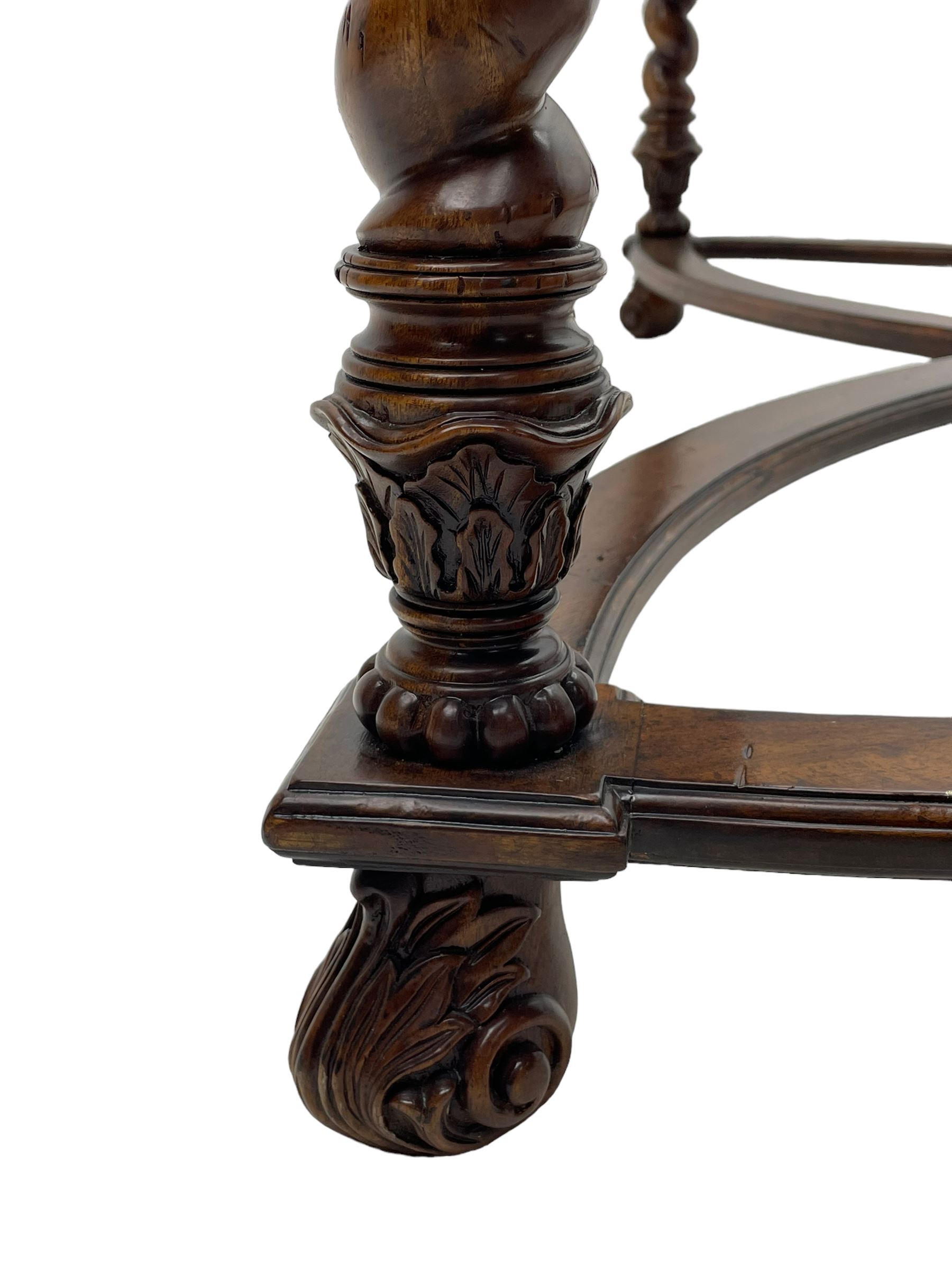 Jonathan Charles - large mahogany coffee table, the square oyster veneered top with verre églomisé inset, the glass hand-painted with gilt scrolling foliate patterns, raised on spiral turned supports with acanthus and gadroon carvings, united by interlocking demi-lune stretchers, on scrolled acanthus feet