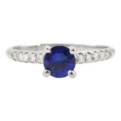 White gold round cut sapphire ring, with diamond set shoulders, hallmarked 14ct, sapphire approx 0.50 carat