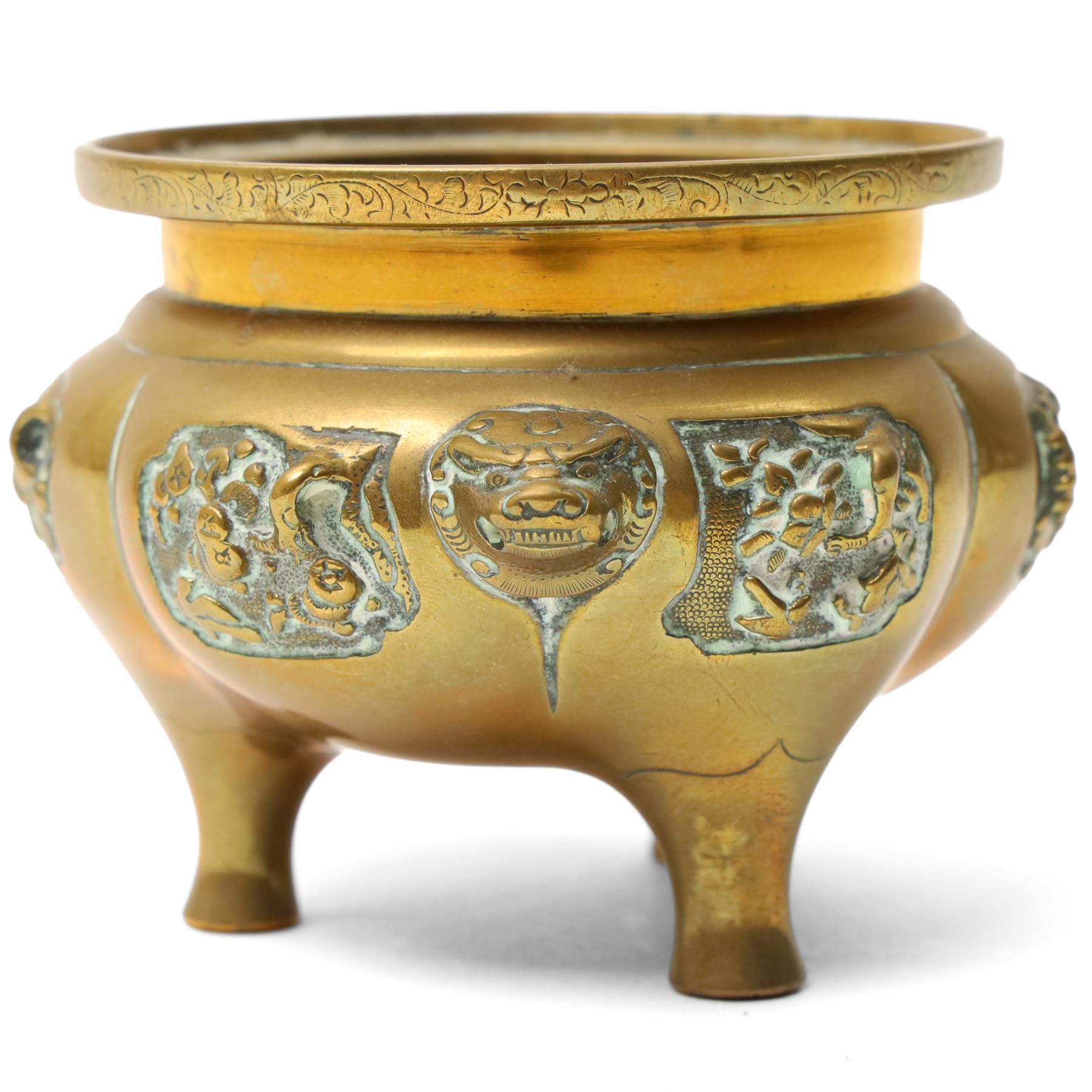 Asian bronze koro with raised decorative panels, two Indian elephants and one other Indian item