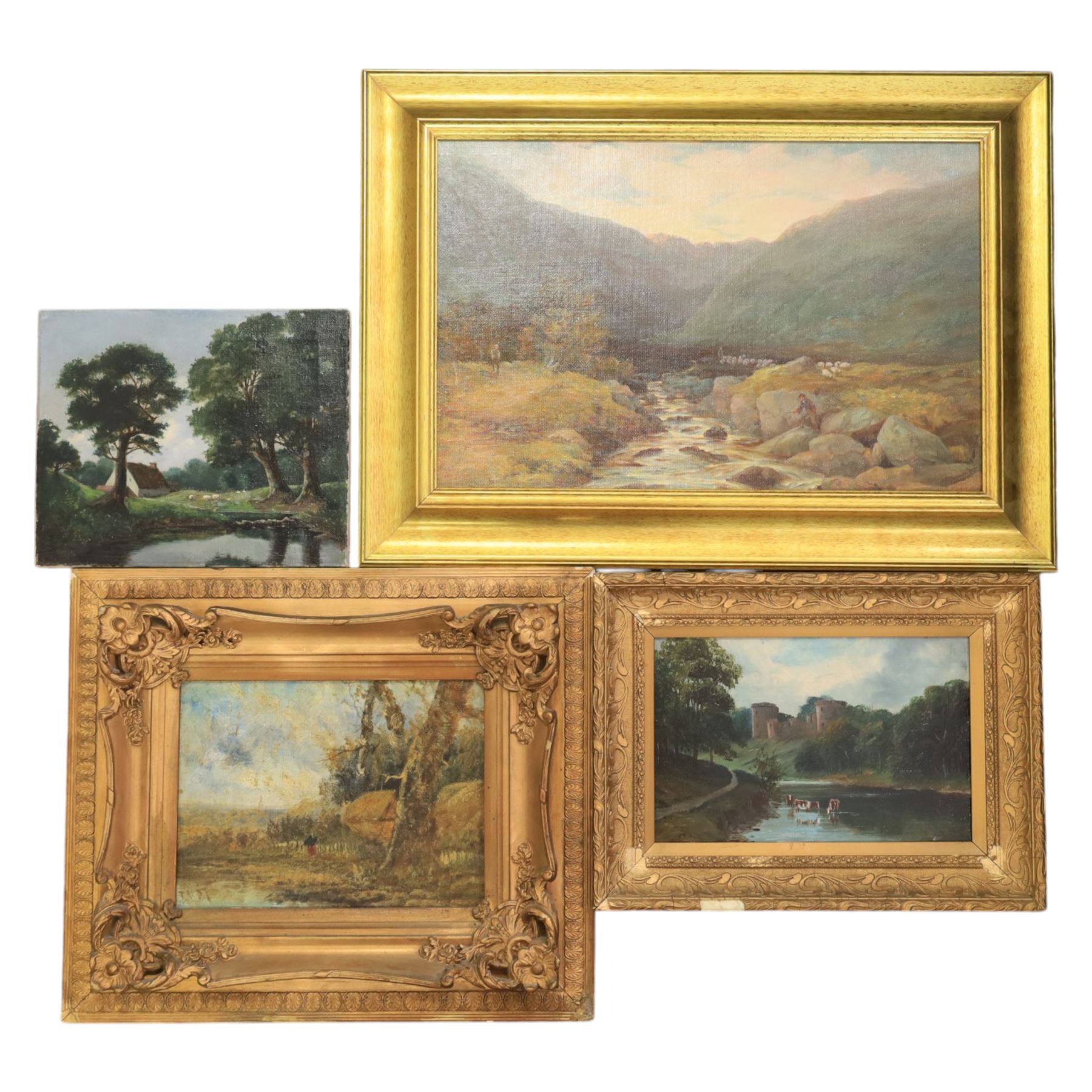 W G Tennie (19th/20th century): 'Sannox Glen Arran', oil on canvas laid on board signed and titled 34cm x 52cm; three other river landscape oils (4)