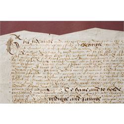 An Elizabeth 1 indenture in English secretary hand regarding the transfer of an estate in the parish of Middleton, 1566 document size 28cm x 42cm, framed 