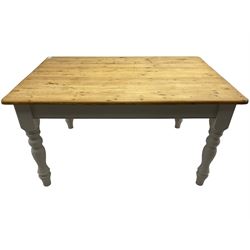 Pine farmhouse kitchen dining table, rectangular top with rounded corners, painted base with turned supports, fitted with drawer to each end 