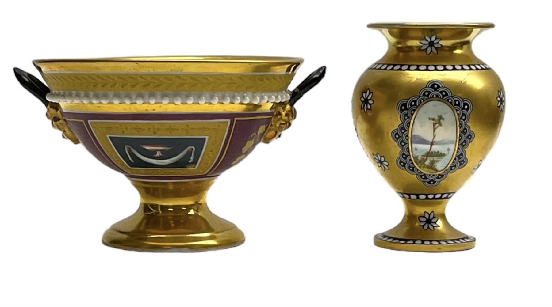 Small Coalport vase, decorated with painted landscape panels against a gilt ground, with printed mark beneath and painted number a4486, H8cm, together with a small Vienna style twin handled pedestal bowl, profusely gilded, H6.5cm