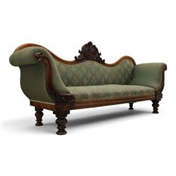 Victorian mahogany framed sofa, scroll arms with double camel back, green geometric uphols...