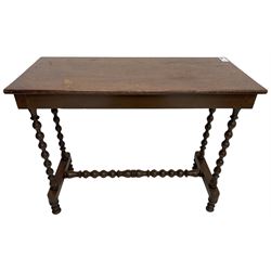 Victorian walnut stretcher table, rectangular top, bobbin-tuned supports on platforms united by stretcher, on turned feet