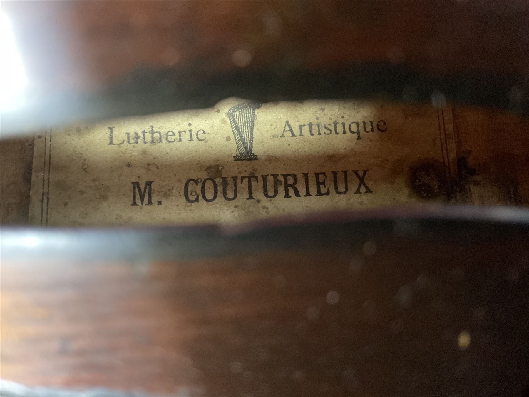 French violin for restoration with 36cm two-piece maple back and ribs and spruce top, bears label 'Lutherie Artistique M. Couturieux'; in wooden case; two modern three-quarter size violins in cases; and five violins for spares or repair