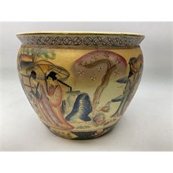Chinese fish bowl of satsuma style, the exterior decorated with traditional figures, flowers and trees, the interior painted with koi carp, H24cm