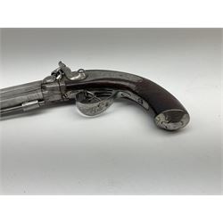 19th century over-and-under double barrel percussion cap pistol, the central rib inscribed Midland Gun Co. Birmingham, 13cm octagonal barrels with swivel ramrod, scroll engraved action and trigger guard and walnut stock with chequered grip and butt cap with hinged trap cover 31cm overall