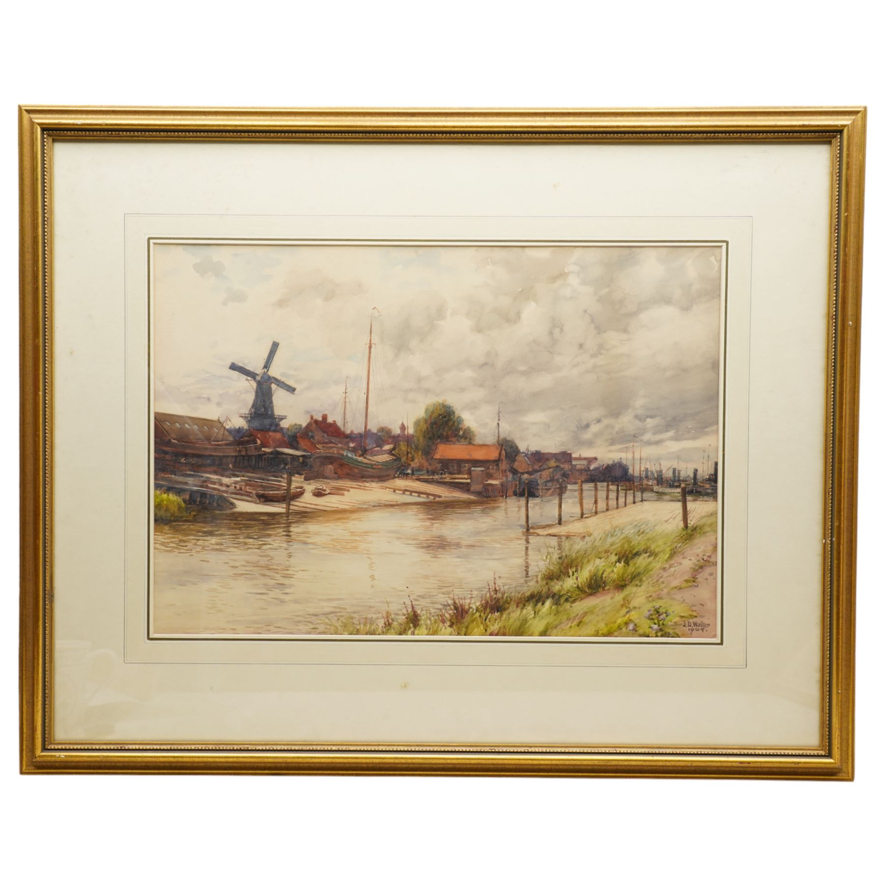 John Dobby Walker (British 1863-1925): 'The Boatyard - Holland', watercolour signed and dated 1909, titled verso 38cm x 55cm;  George Sykes (British 1863-1942): 'A Peaceful Yorkshire Dale', watercolour signed 41cm x 58cm (2)