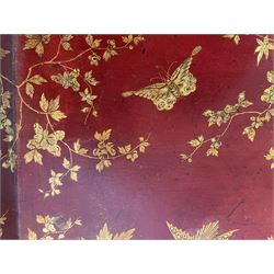 Early 19th century red lacquered papier-mâché tray by Clay of King Street Covent Garden, of rounded rectangular form, painted in gilt with large foliate sprays and butterflies, impressed verso CLAY KING ST COVENT GARDEN, W66.5cm D48.5cm
