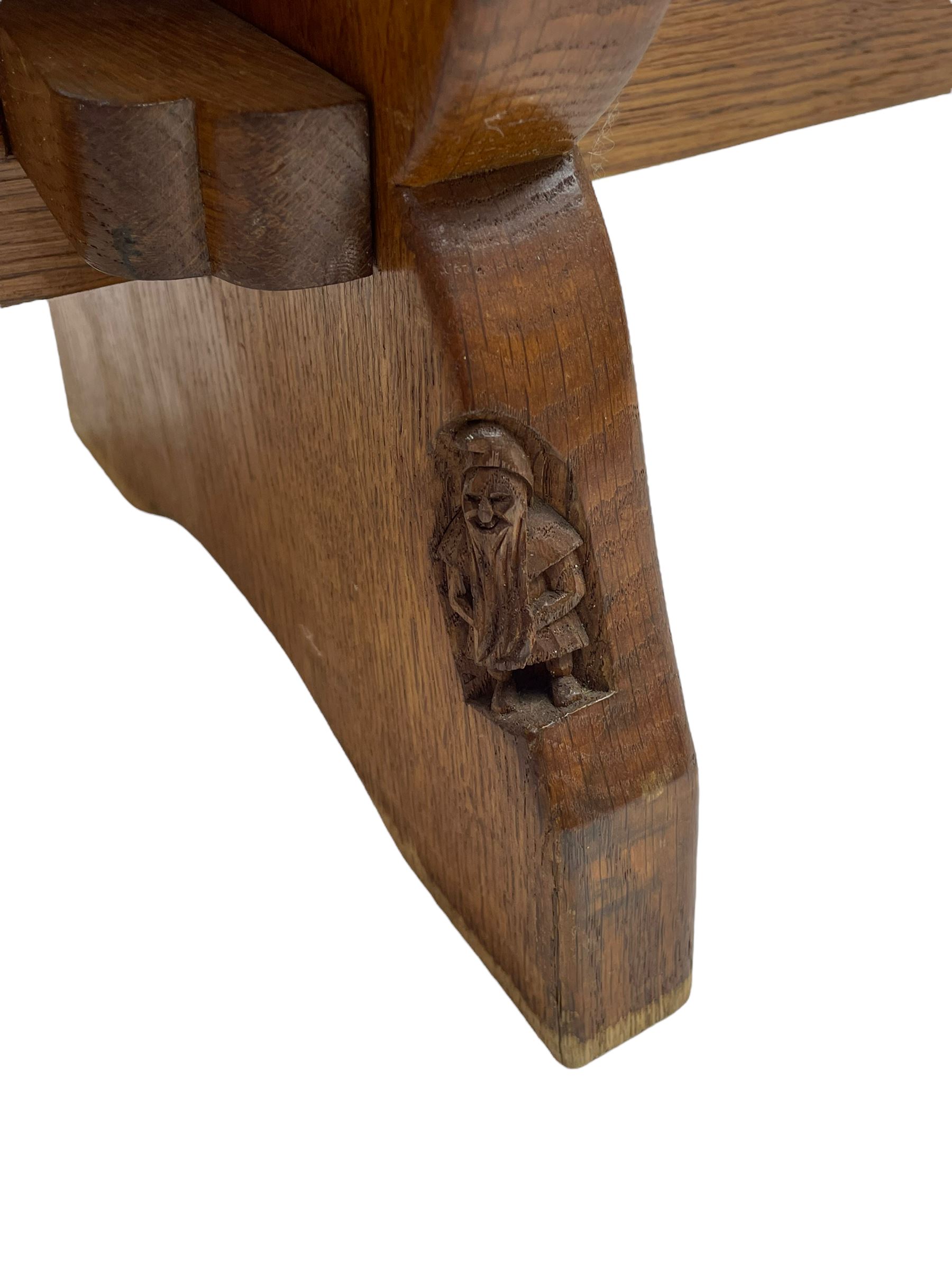 Gnomeman - adzed oak narrow bench, rectangular seat on shaped end supports united by pegged stretcher, carved with gnome signature, by Thomas Whittaker, Little Beck 