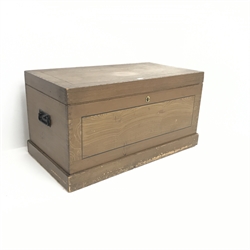 Victorian scumbled pine chest, single hinged lid enclosing fitted interior, two metal carrying handles, plinth base, W98cm, H51cm, D54cm
