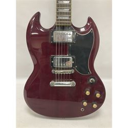 Gibson Epiphone SG six string electric guitar, with cherry red mahogany finish and black scratch guard, L102cm