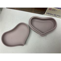 Wedgwood Jasperware to include lilac trinket box with original box, light blue vases, trinket dishes, boxes etc, together with a walnut box, coins and other collectables 
