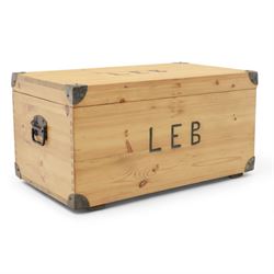 Pine storage trunk, of rectangular plank construction with metal corner protectors and ste...