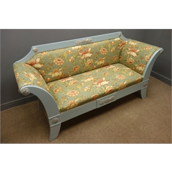  French empire style Settee upholstered in 'Leighton' by Margarita Cushing floral fabric, grey painted and gilt frame, W193cm  