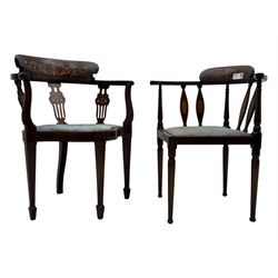 Edwardian inlaid mahogany corner chair, curved arms on shaped splat supports inlaid with satinwood, on turned supports (W60cm, H75cm); Edwardian inlaid mahogany tub-shaped armchair, the cresting rail inlaid with scrolling acanthus leaves and flower heads, on square tapering supports with spade feet (W58cm, H80cm)