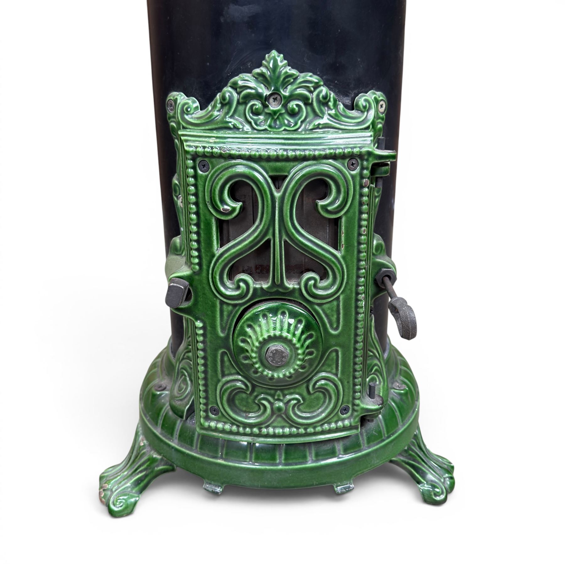 French Godin cast iron enamel stove, circular form, finished in green and black paint