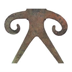Indian copper anthropomorphic figure, of flat stylised form, with long scrolling arms, outstretched legs and hemispherical head, upon a metal rectangular base, overall H50cm
