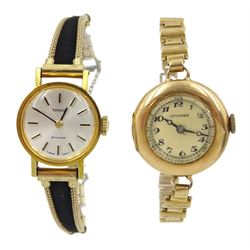 Longines 14ct gold ladies manual wind wristwatch, on 9ct gold strap and a Tissot Stylist plated wristwatch