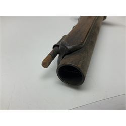 Leather covered swagger/sword stick with 40cm steel blade L62cm overall; another ash sword stick with 30cm diamond section steel blade; pair of fencing foils, the blades marked Solingen; two reproduction flintlock pistols; and 92cm inert cartridge belt (7)