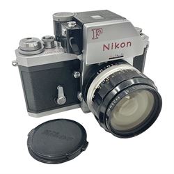 Nikon photomic Ftn camera body, with red engraving, serial no 7006572, circa 1969, with 'Nikon NIKKOR-O Auto 1:2 f=35mm' lens, serial no. 830478