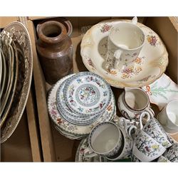 Assorted ceramics, to include small Grays pottery jug, small Shelley mug, and small Shelley trinket dish, blue and white floral decorated planter or jardinaire, small group of Indian tree pattern teawares, etc., in two boxes 