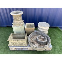 Composite stone rectangular planter, decorated with fruit swags (W54cm), circular composite planter, eight circular composite stepping/pathway stones, Corinthian type plinth, etc. - THIS LOT IS TO BE COLLECTED BY APPOINTMENT FROM DUGGLEBY STORAGE, GREAT HILL, EASTFIELD, SCARBOROUGH, YO11 3TX