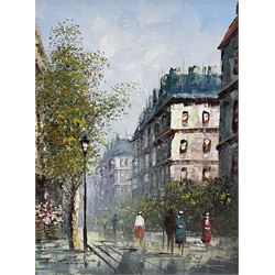 French School (20th century): Parisian Market Day Scene and Impressionist Street Scene, two oils on canvas signed 'Burnett' and 'T Carsons' respectively max 40cm x 50cm (2)
