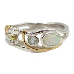 Silver opal and aquamarine open work design ring, stamped 925