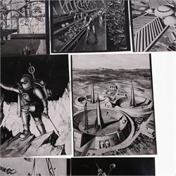 Fourteen black and white photographs of artwork by Ralph Andrew Smith, including images used in 'The Exploration of Space', a sketch of auto probe rocket for planetary survey and Inside Lunar City, etc, two with annotations written by Arthur C Clarke verso, H20, W25cm

Notes: This item is from the private collection of Arthur C. Clarke's brother.
